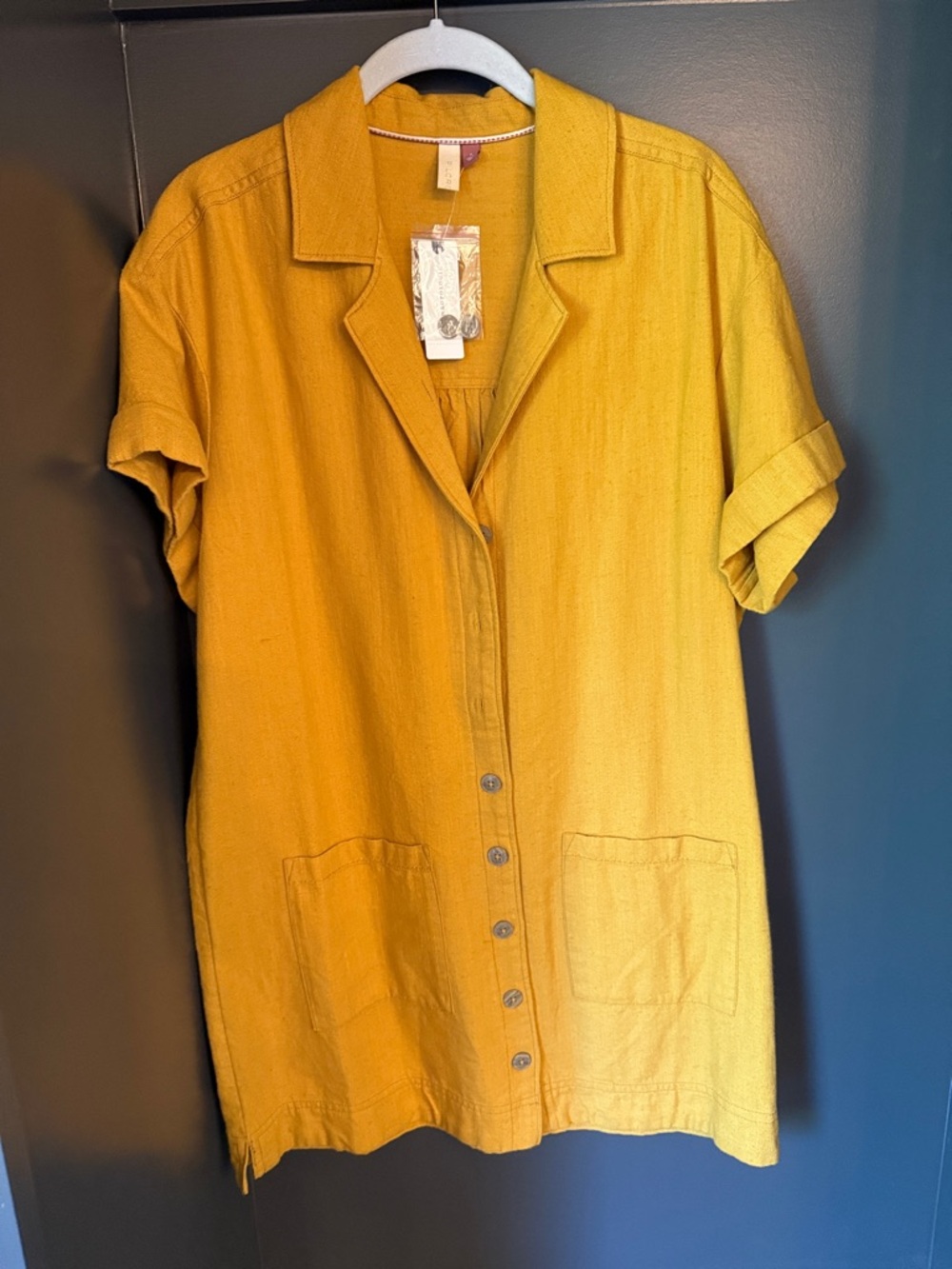 Anthropologie Mustard Yellow Short Sleeve Button Mini Dress